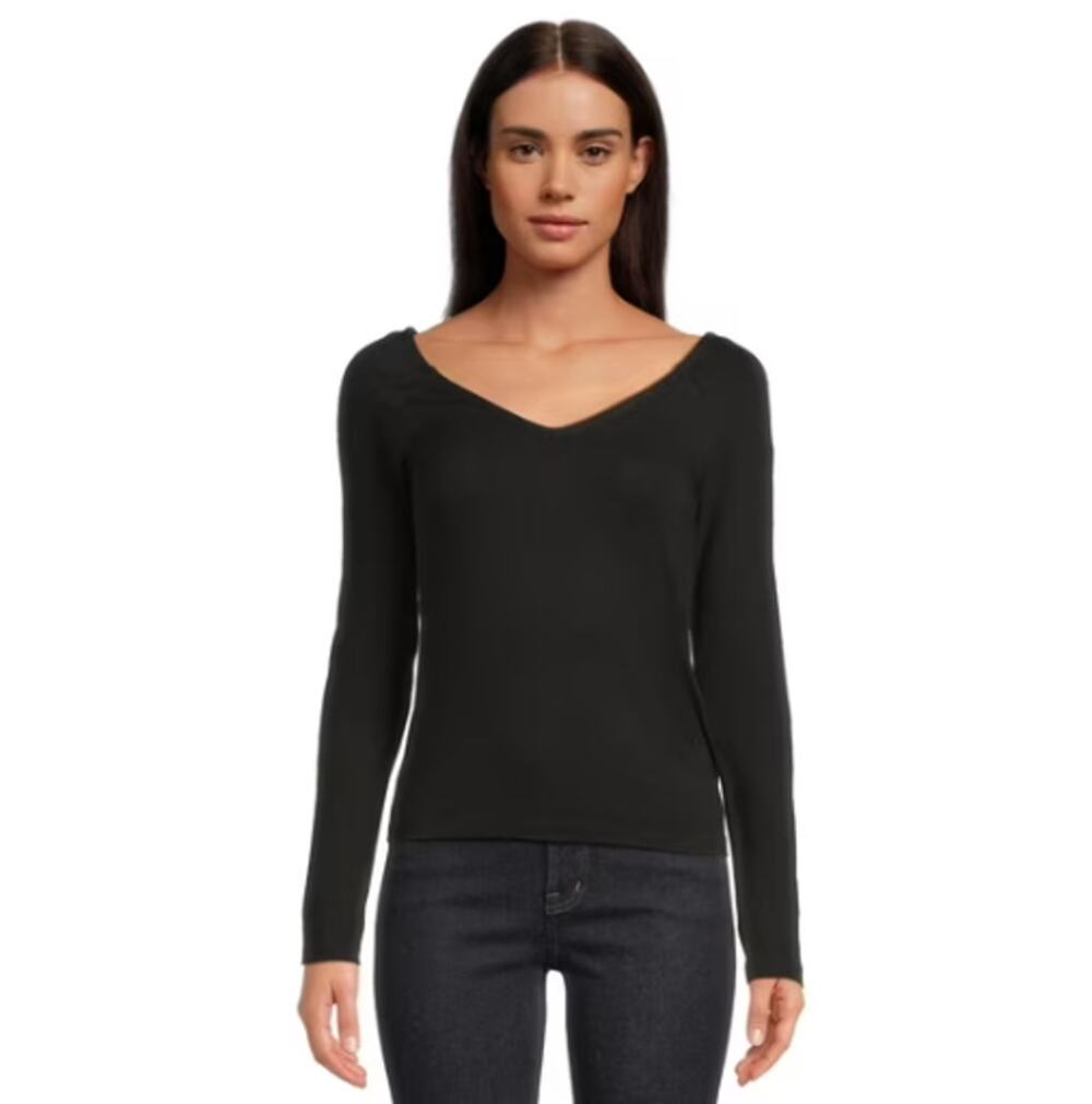 MADEWELL Women's Double V-Neck Top Small Jet Black Jersey Long Sleeve NT721 NWT